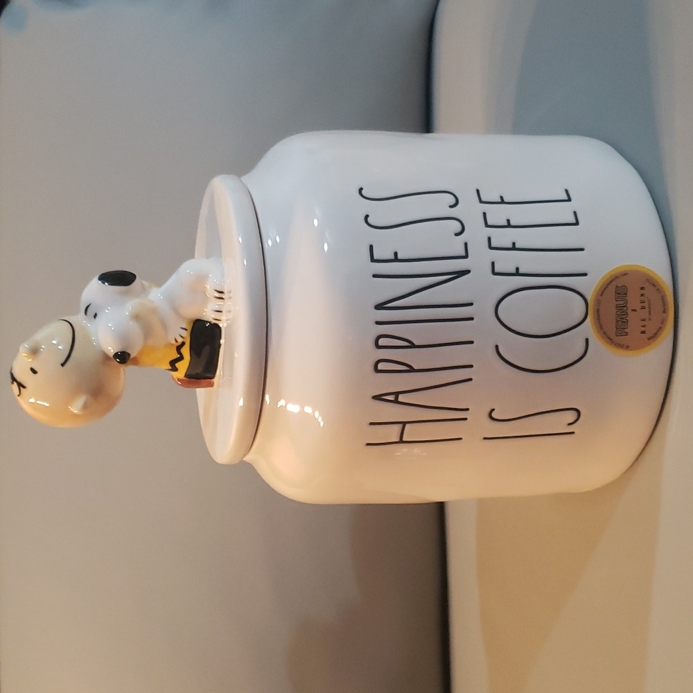 Rae Dunn Peanuts HAPPINESS IS COFFEE Charlie Brown Snoopy Canister Jar NWT